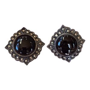 Judith Jack Black Onyx Marcasite Sterling Silver Vintage Clip Earrings